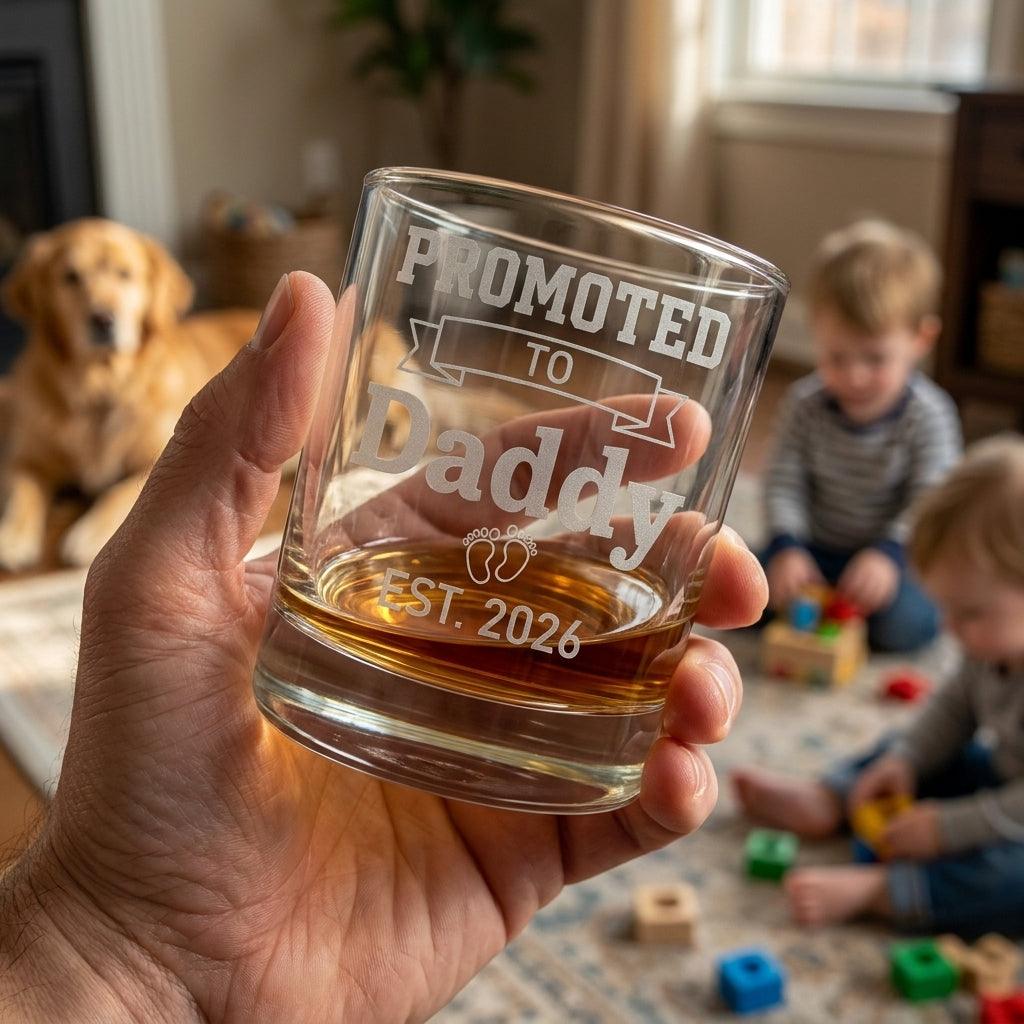 Promoted to Daddy Engraved Whiskey Glass — Custom EST. Year New Dad Gift - Sipengrave