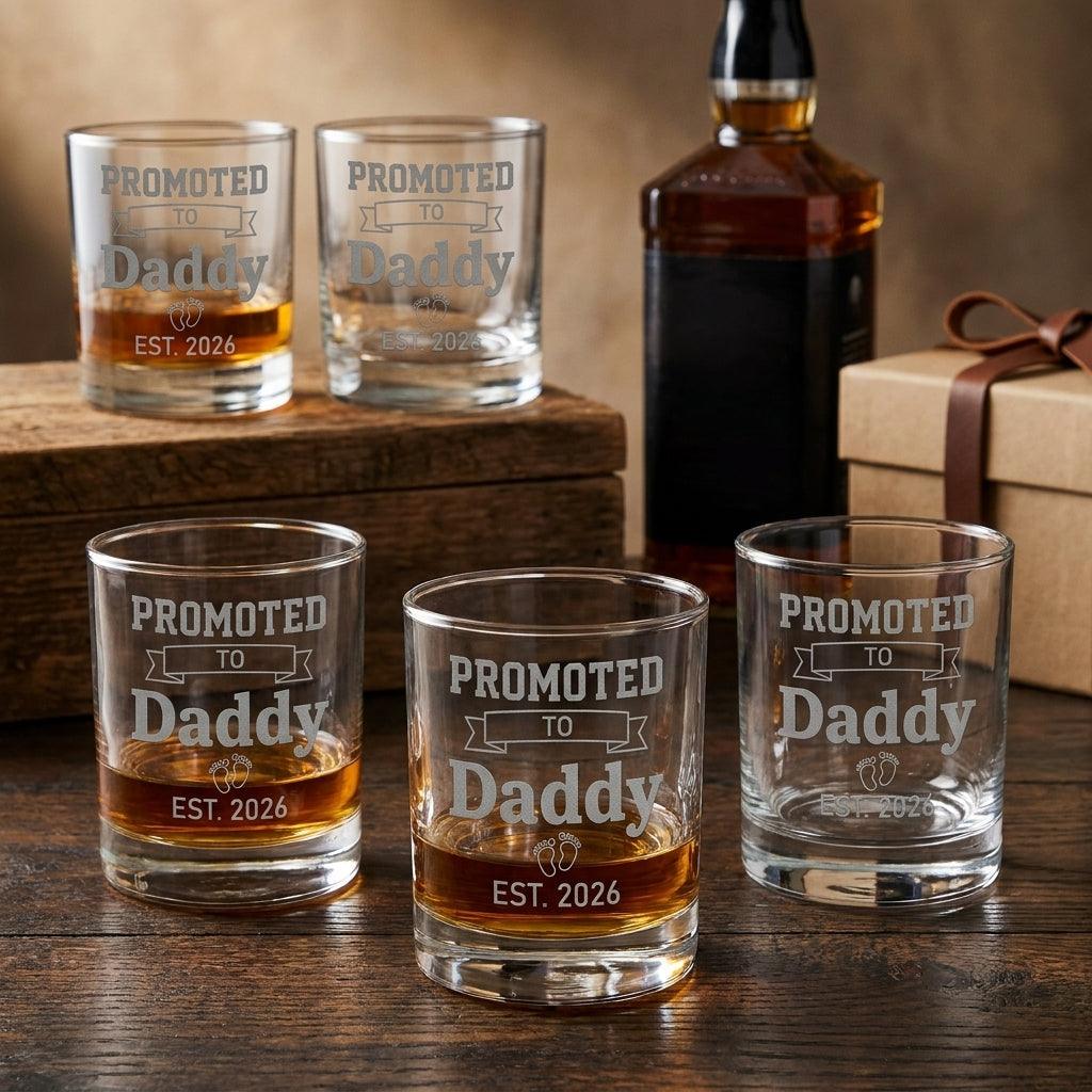 Promoted to Daddy Engraved Whiskey Glass — Custom EST. Year New Dad Gift - Sipengrave