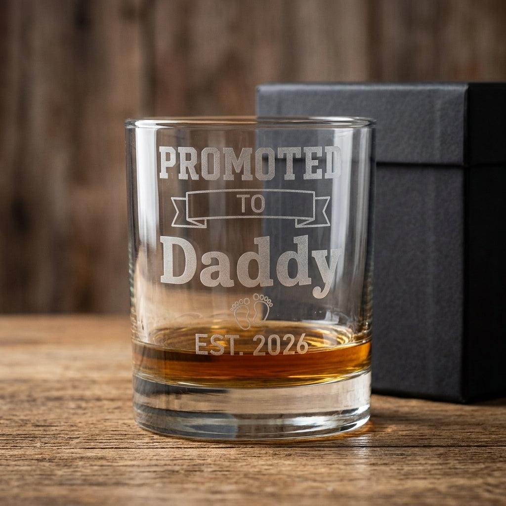 Promoted to Daddy Engraved Whiskey Glass — Custom EST. Year New Dad Gift - Sipengrave