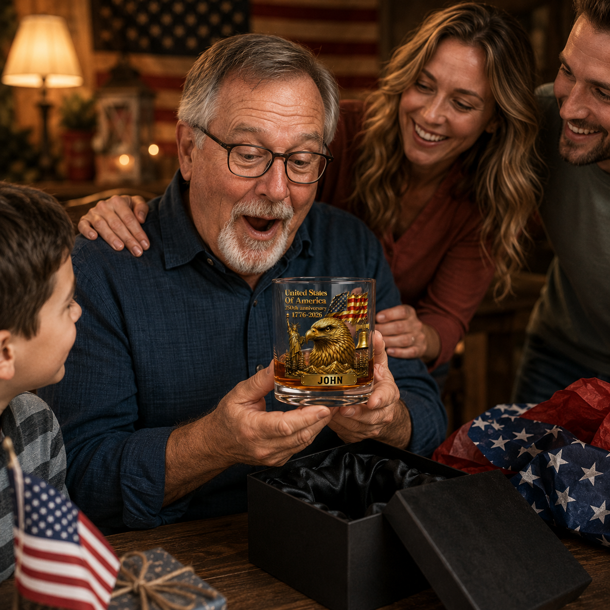 America 250th anniversary personalized whiskey tumbler with eagle, patriotic symbols, custom name engraving, and commemorative USA heritage artwork for men.