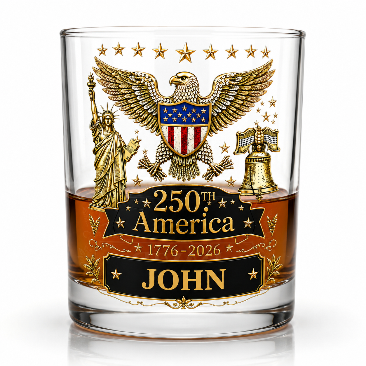 Decorative glass with American-themed design and '250th America' text on a white background