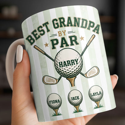 Personalized golf-themed coffee mug for grandpa by Sipengrave, featuring custom name and "Best Grandpa By Par" design.