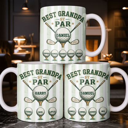 Personalized Sipengrave golf mug for grandpa with custom name and "Best Grandpa By Par" design, ideal for coffee or tea.