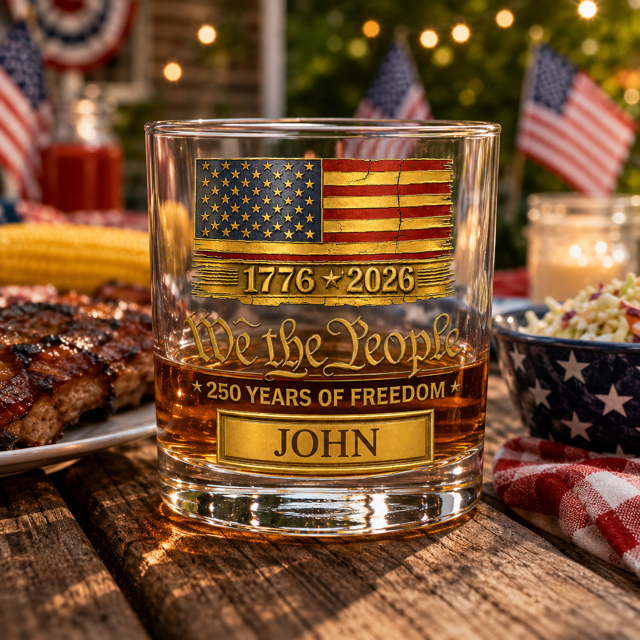 Custom patriotic whiskey glass personalized with name, featuring We The People design, American flag artwork and 1776-2026 commemorative graphics.