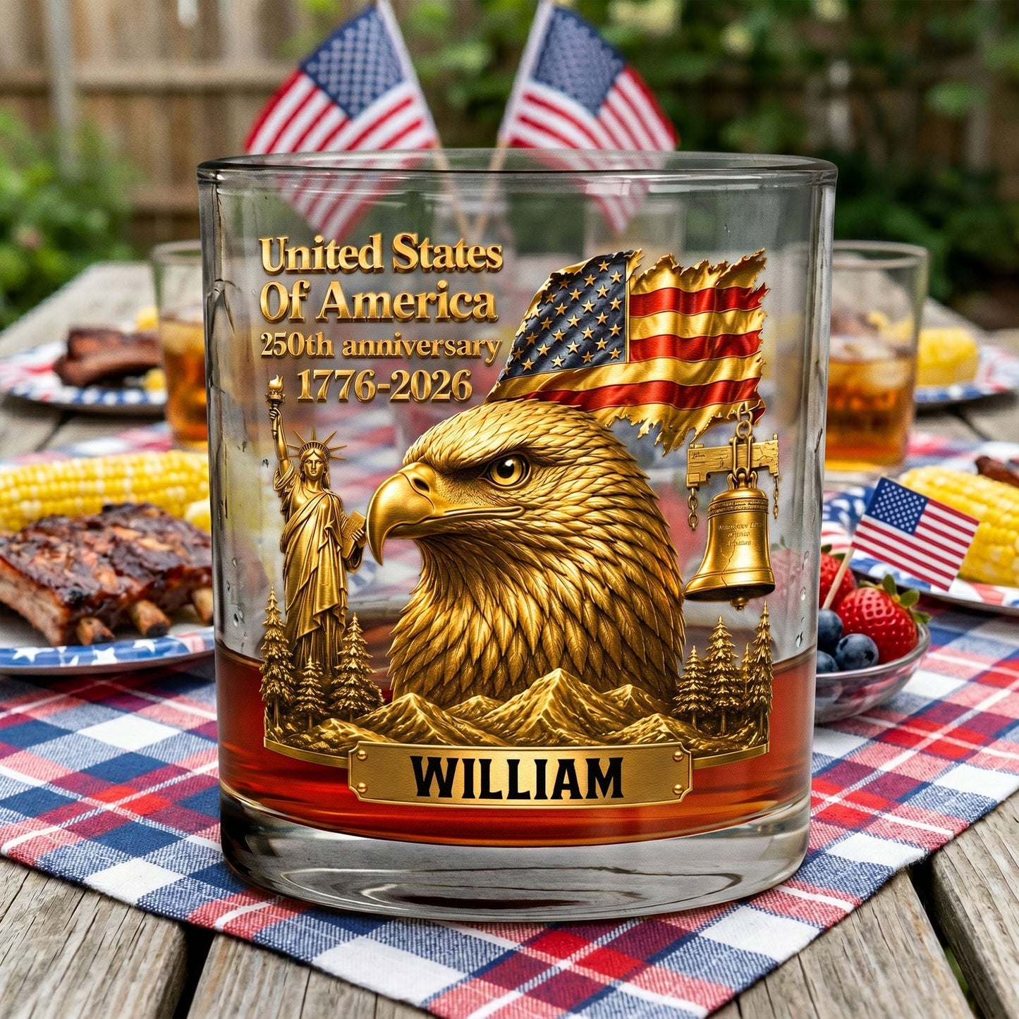 America 250th Anniversary Whiskey Glass – Personalized Eagle Gift For Men