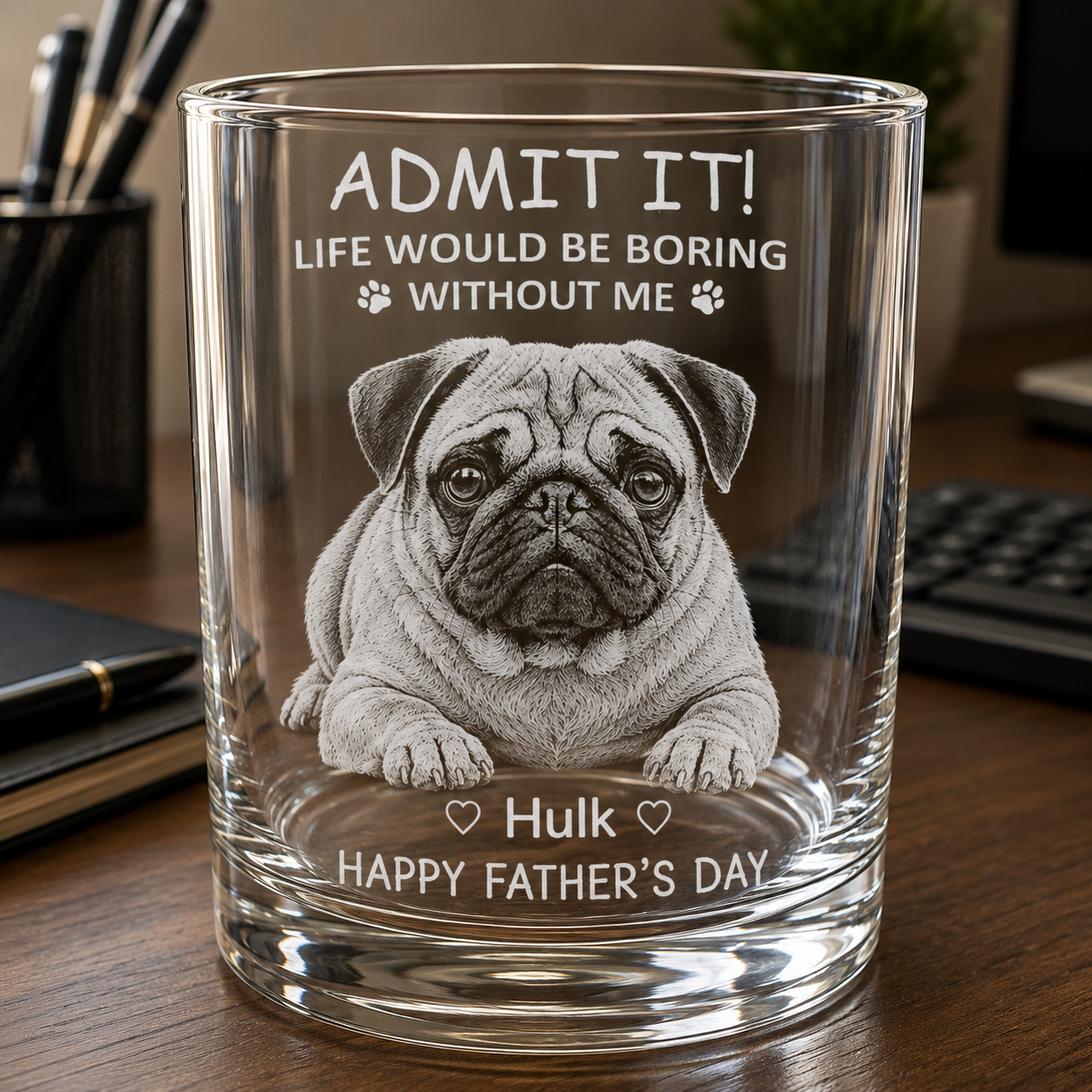 Personalized whiskey tumbler with dog portrait engraving and custom pet name, unique gift for dog lovers, dog dads, and pet parents.