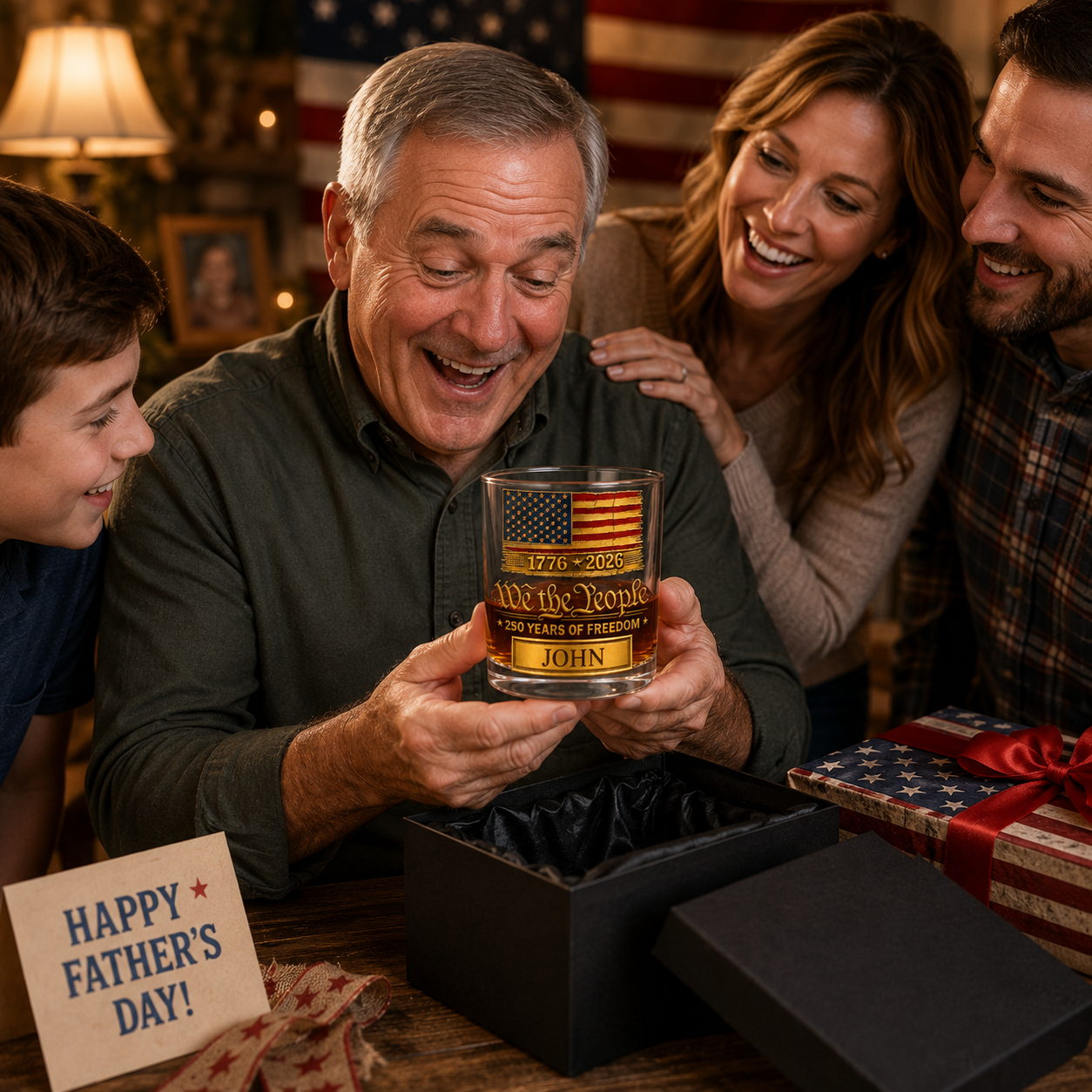 Man receiving a Father's Day gift from his family, holding a glass with an American flag design.