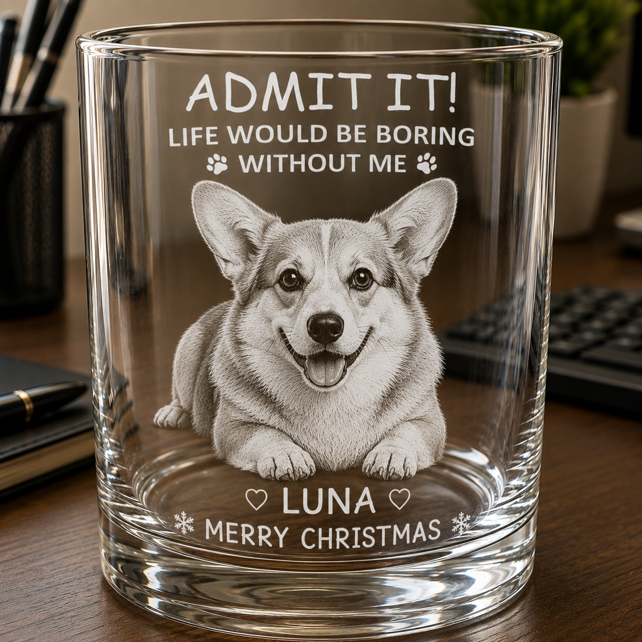 Custom dog whiskey glass by SipEngrave with engraved pet photo, personalized dog name, and Father's Day message, ideal gift for dog owners.