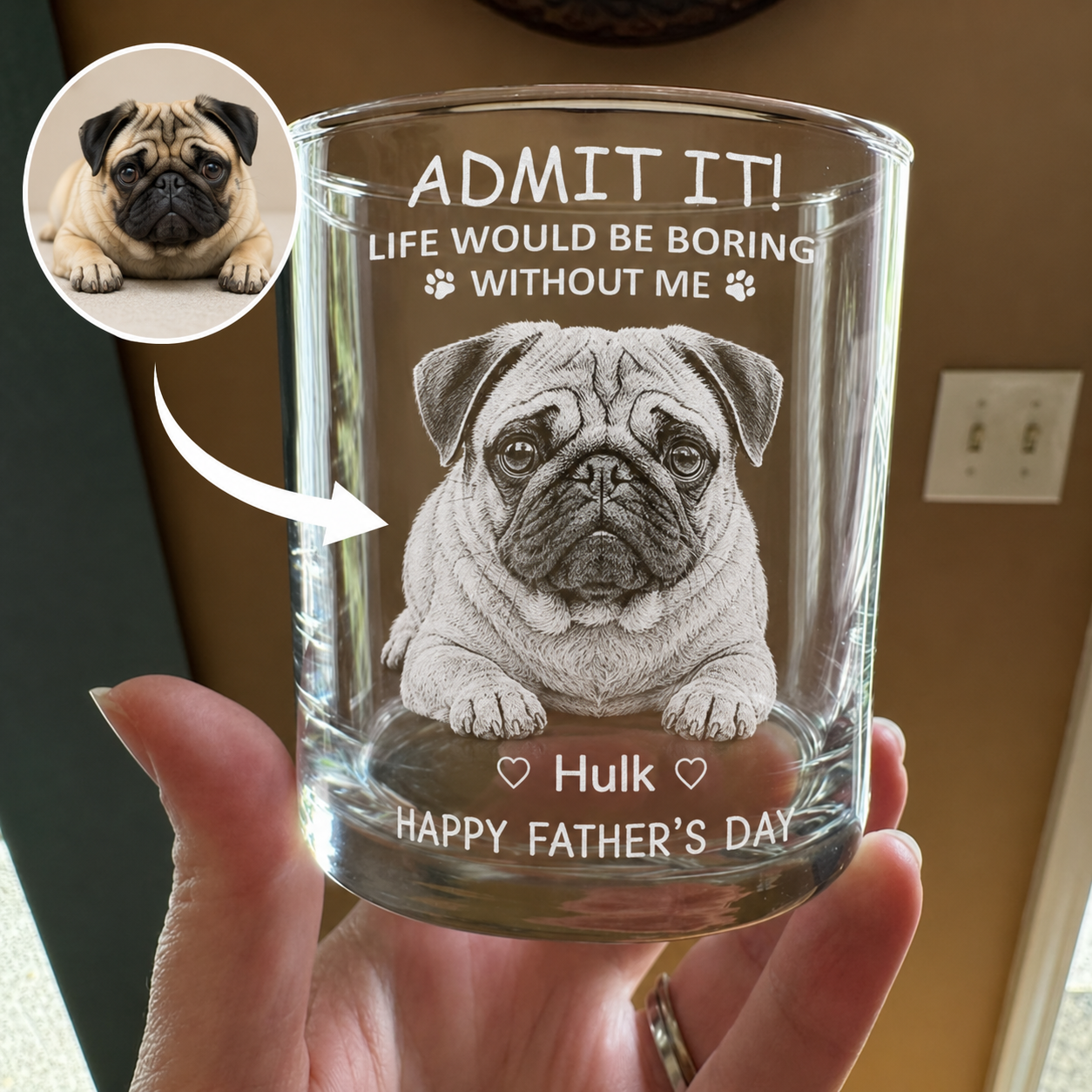 SipEngrave personalized whiskey glass featuring a custom engraved dog photo and pet portrait design, perfect Father's Day gift for dog dads and dog lovers.