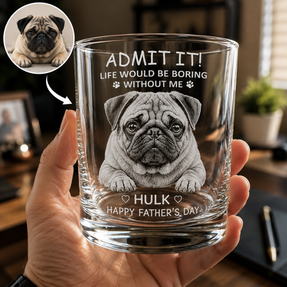 Custom engraved whiskey glass featuring a personalized dog portrait, pet name, and heartfelt message for proud dog dads and pet lovers.