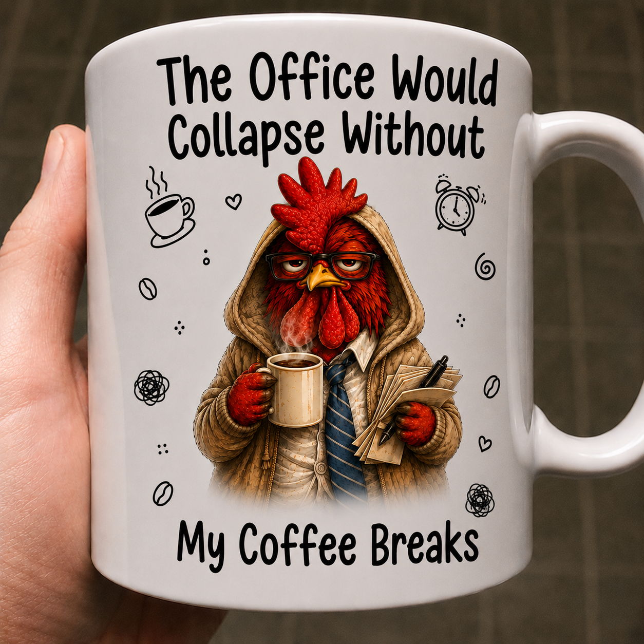 The Office Would Collapse Without My Coffee Breaks funny coffee mug featuring a grumpy chicken, perfect coworker gift for office workers and coffee lovers.
